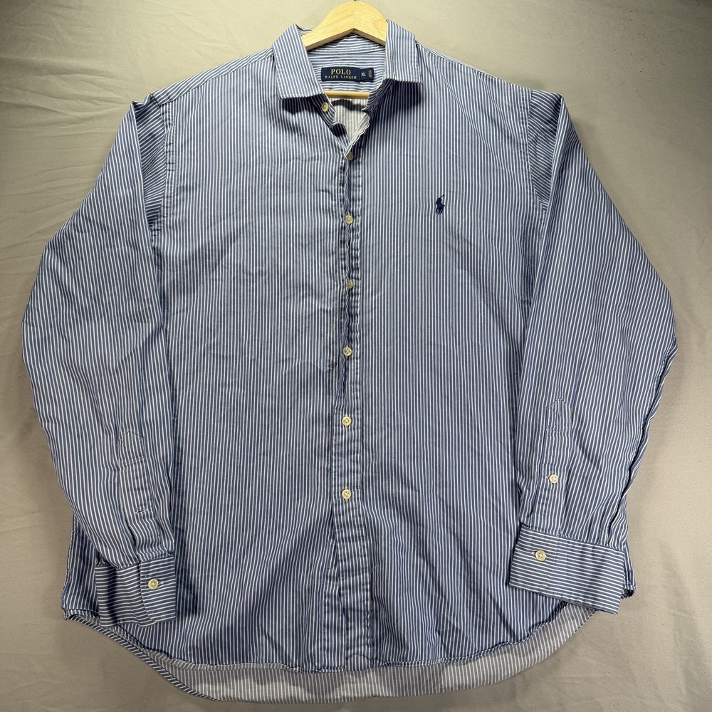 Polo Ralph Lauren Button Up Shirt Mens XL Blue White Hickory Striped Pony Travel